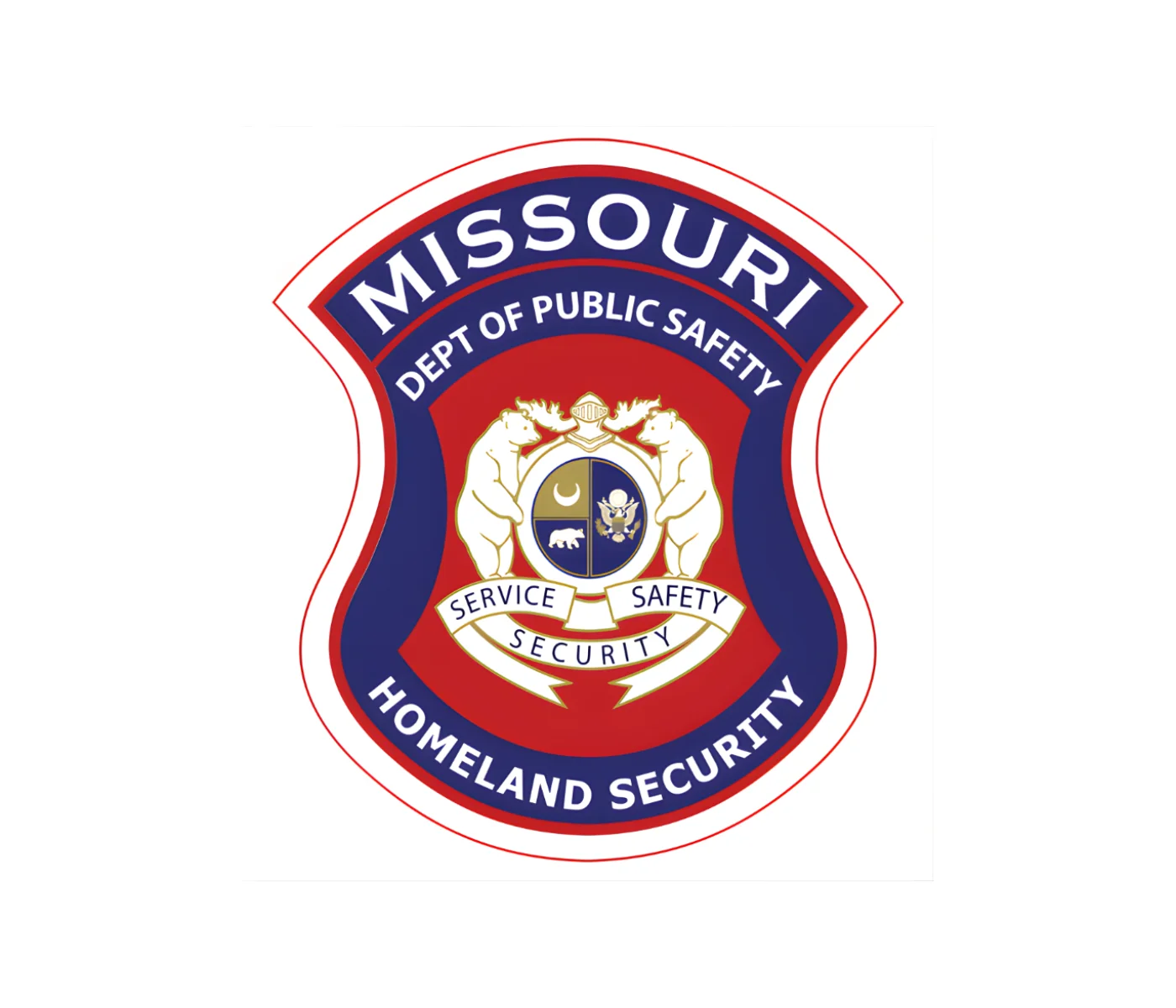 Missouri Department of Public Safety Homeland Security badge with the state seal, two bears, and the words "Service," "Safety," and "Security" on a blue, red, and white shield—a symbol recognized by law enforcement and handgun qualification in St. Louis.
