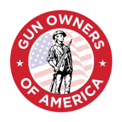 A circular logo with a red border reading “Gun Owners of America.” Inside, a person holding a rifle stands in front of a stylized American flag background.