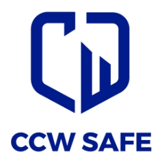 Blue and white logo featuring a shield shape with stylized letters "CCW" inside, above the bold text "CCW SAFE.