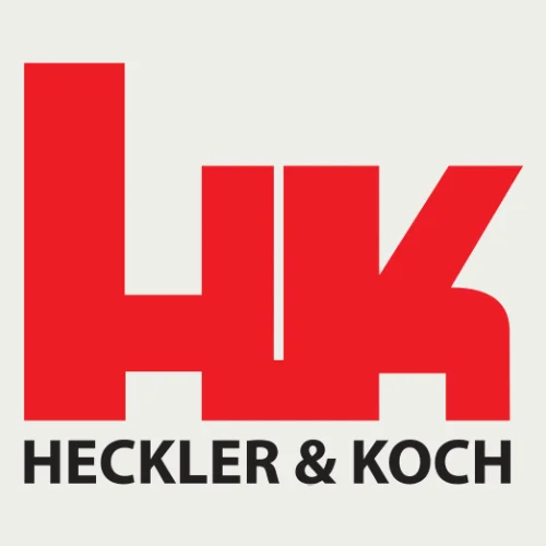 Red "HK" logo in bold, block letters above the black text "HECKLER & KOCH" on a light background.