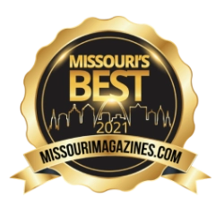 A gold and black badge reads "Missouri's Best 2021" with a city skyline and a ribbon below displaying "missourimagazines.com.