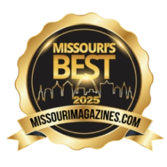 A gold badge with the text "Missouri's Best 2025" above a city skyline, and "MissouriMagazines.com" on a gold ribbon at the bottom.