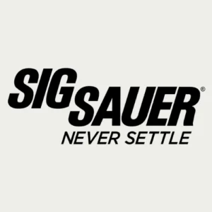 Black text logo reading "SIG SAUER" in bold capital letters, with the words "NEVER SETTLE" underneath in smaller, italicized font, all on a light gray background.