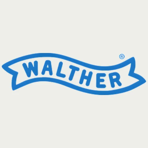 Blue logo with the word "WALTHER" in bold, uppercase letters inside a wavy ribbon shape on a white background.