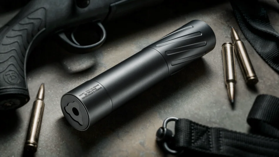 A black firearm suppressor rests on a surface next to rifle rounds, part of a black rifle stock, and a black strap. The setup has a tactical and utilitarian appearance.